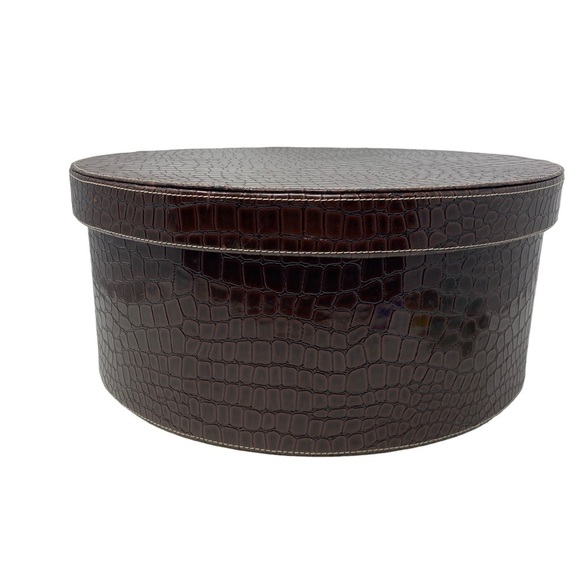 2 Vintage Faux Croc Brown Animal Print Round Hat Stackable Storage - Picture 3 of 10